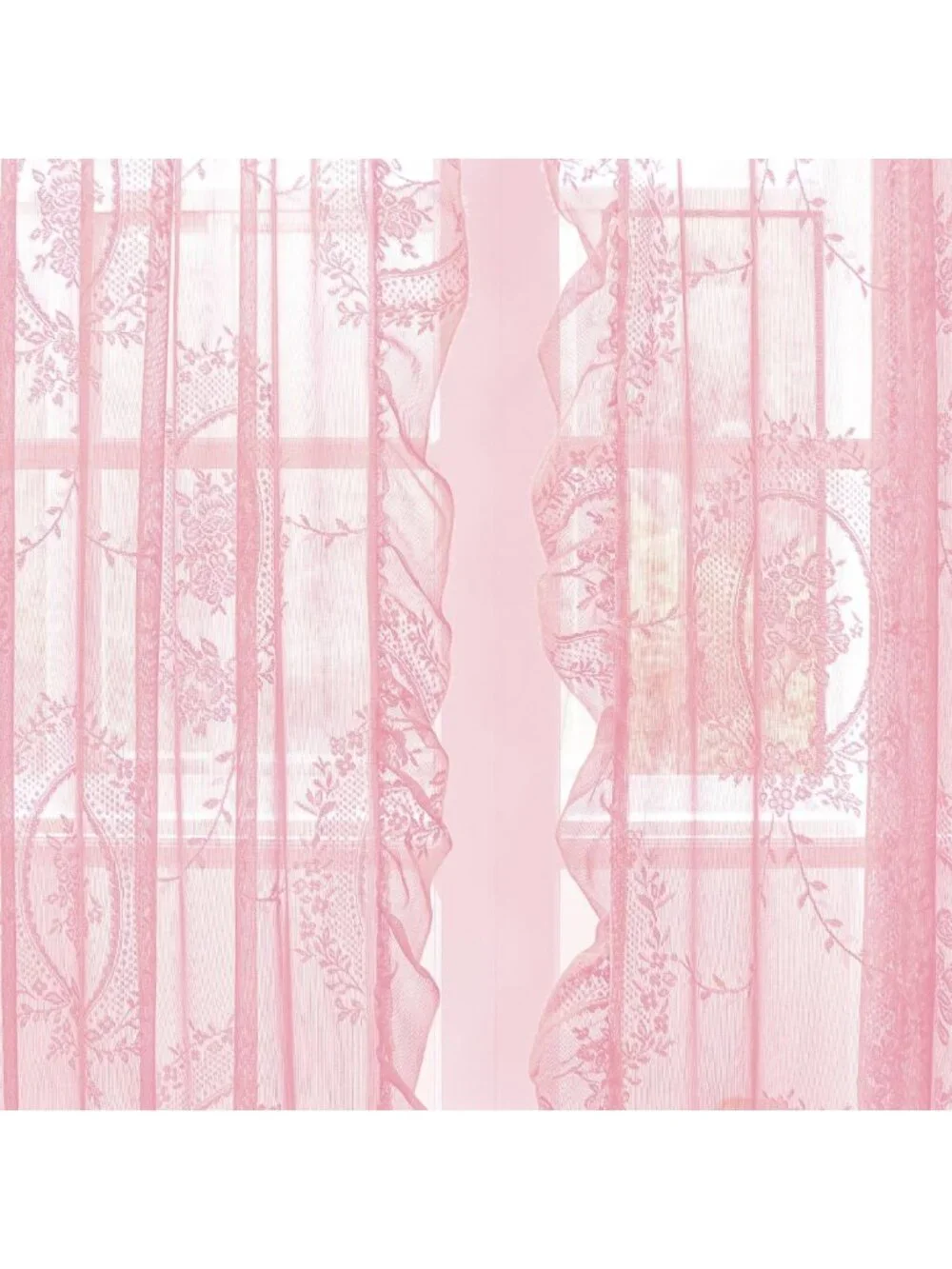 102” Pink Lace Curtains Set - Vintage Boho Sheer Floral Embroidery Window